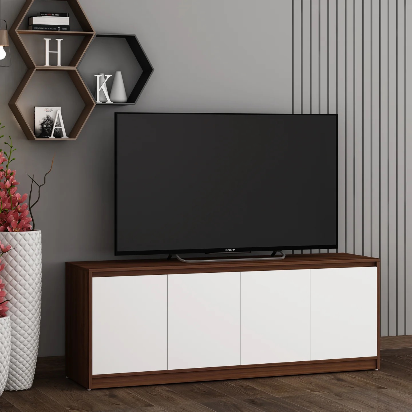 Wood T.V. Unit in White and Brown Colour - Image 3