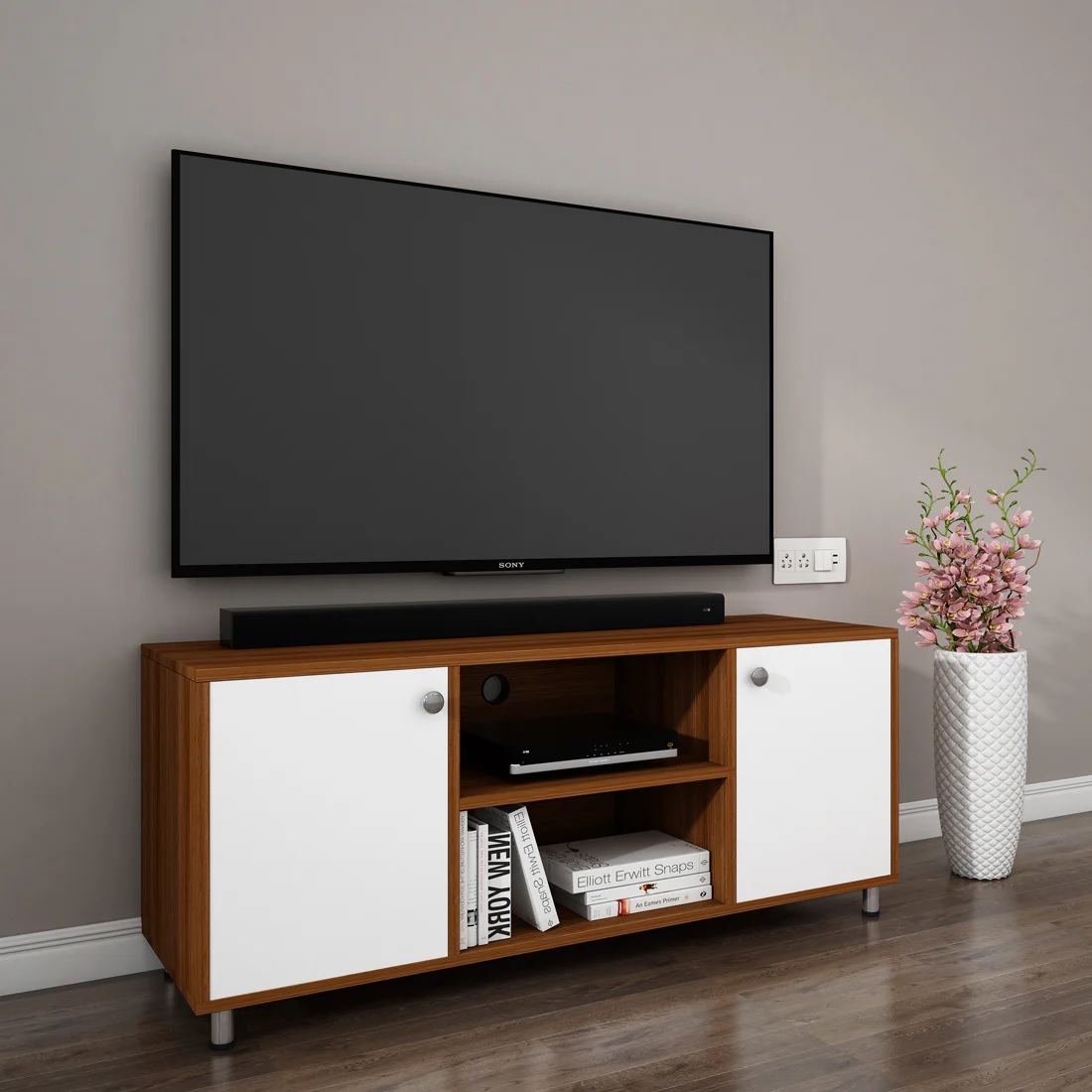 Wood T.V. Unit in Brown and White Colour - Image 2
