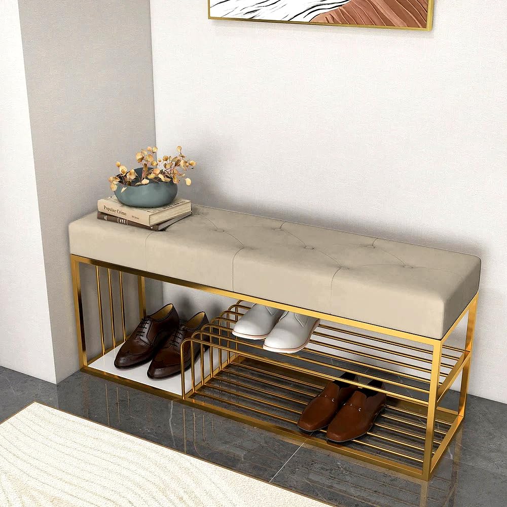 Fabric Bench with Shoe Rack in Off-White Colour - Image 9
