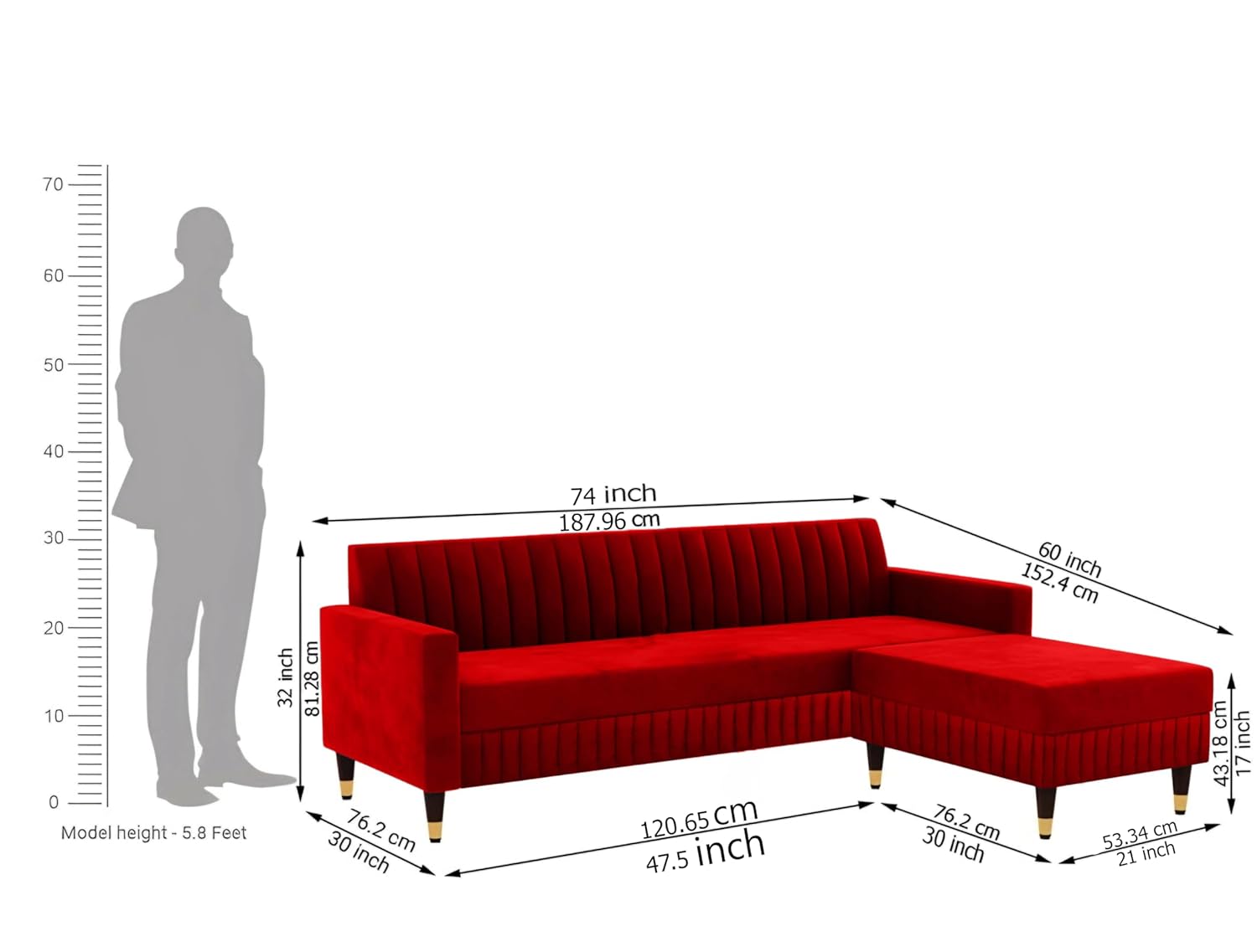 5 Seater L Shape Sofa in Red Colour