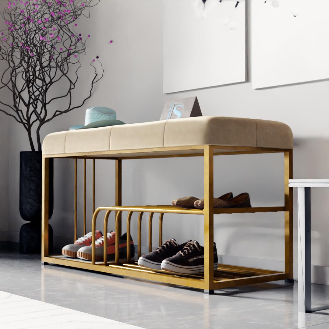 Fabric Bench with Shoe Rack in Off-White Colour - Image 4