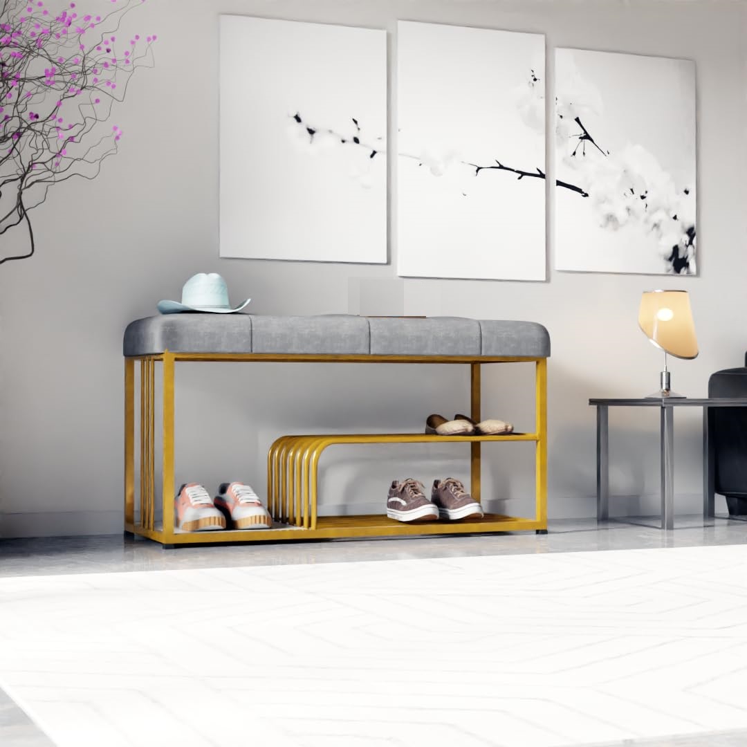 Fabric Bench with Shoe Rack in Grey Colour - Image 3