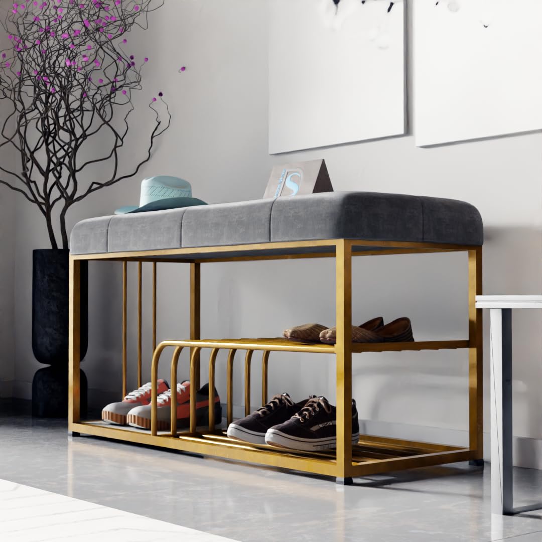 Fabric Bench with Shoe Rack in Grey Colour - Image 2