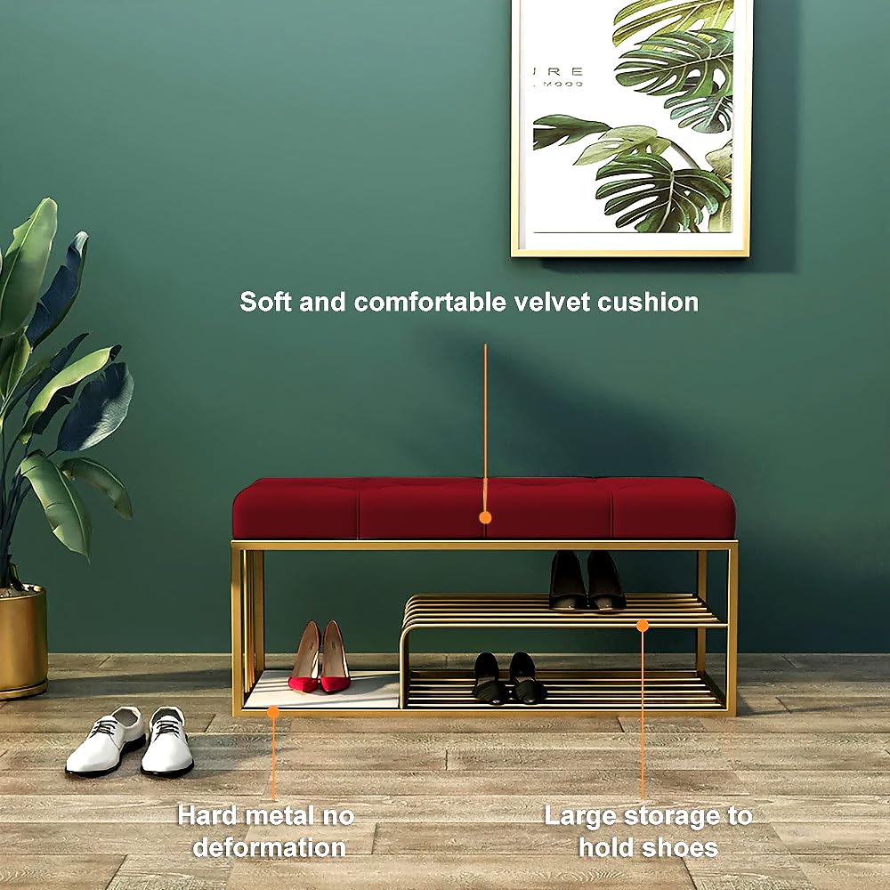 Fabric Bench with Shoe Rack in Red Colour - Image 5