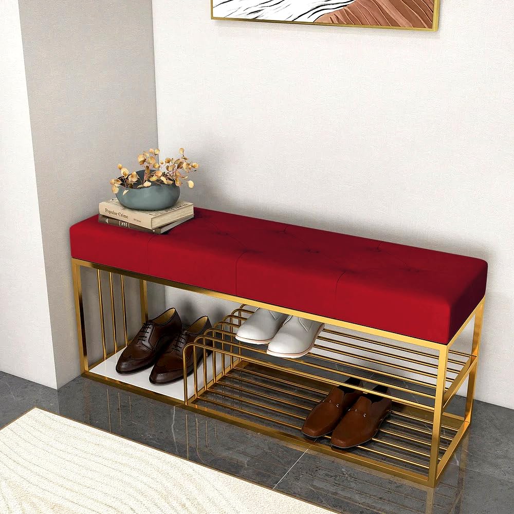 Fabric Bench with Shoe Rack in Red Colour - Image 4