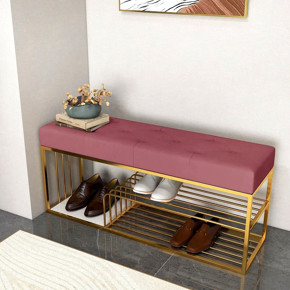 Fabric Bench with Shoe Rack in Pink Colour - Image 4