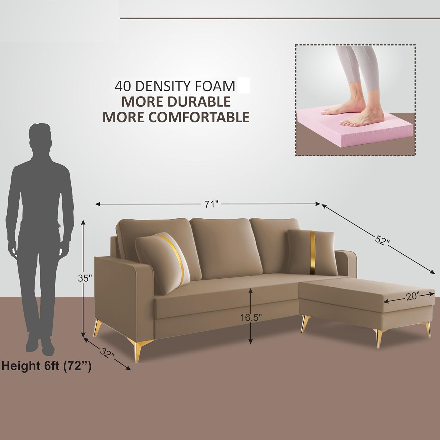3 Seater L Shape Sofa in Light Brown Colour - Image 8