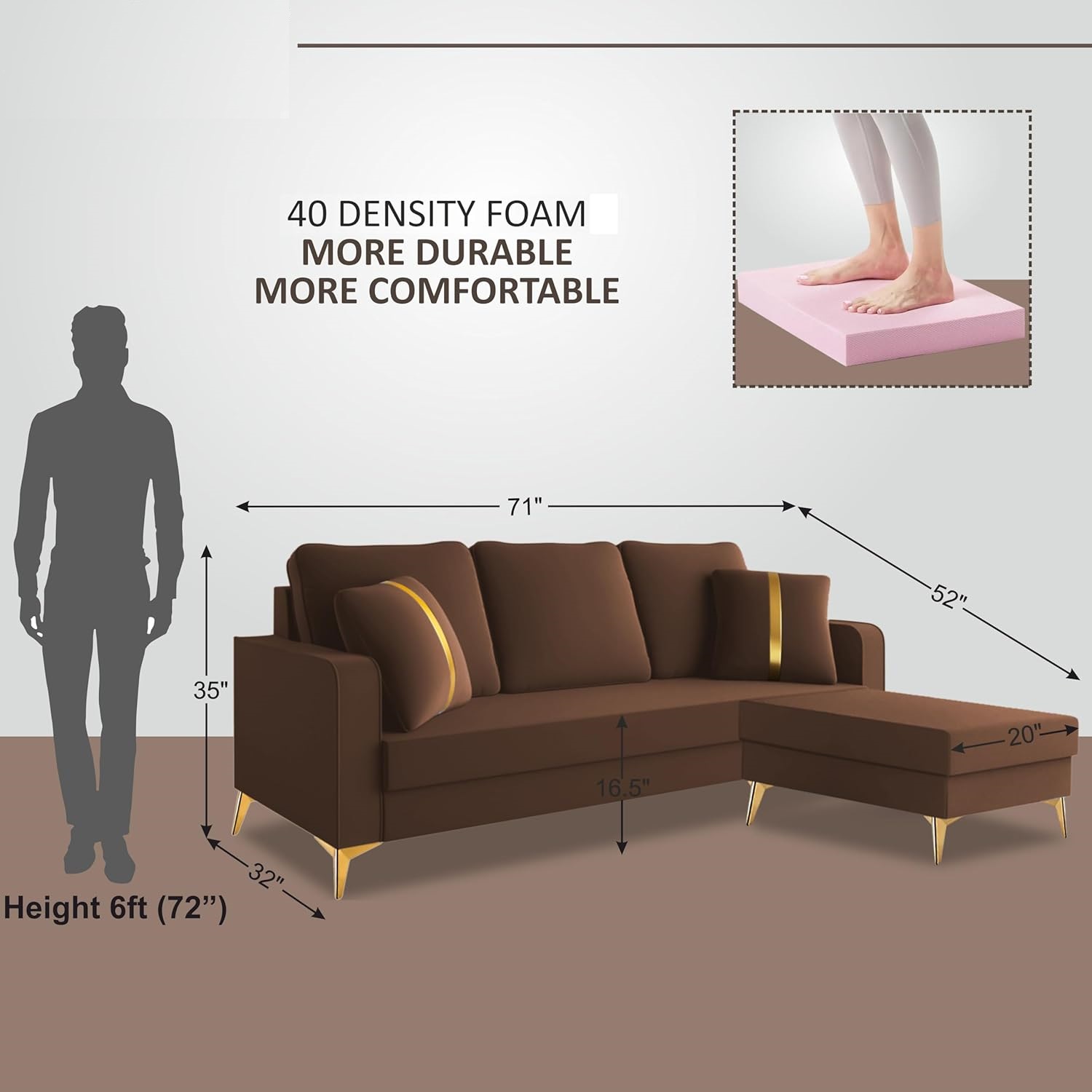 3 Seater L Shape Sofa in Brown Colour - Image 8