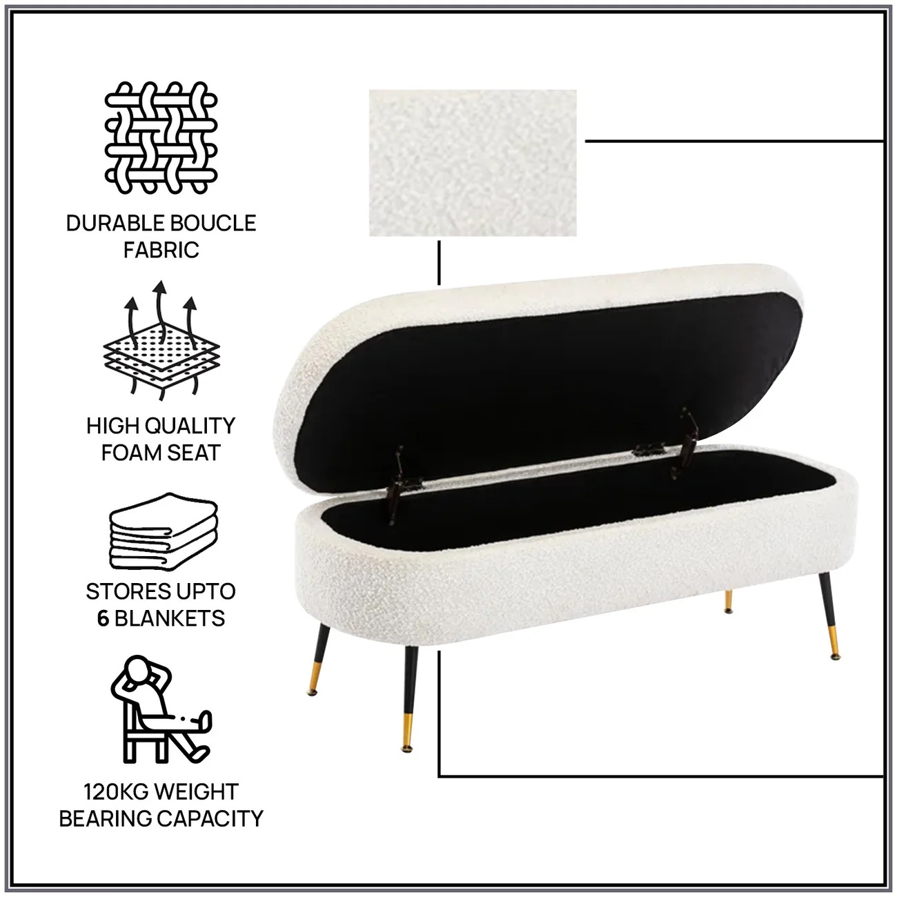 Storage Fabric Bench in Off-White Colour - Image 9
