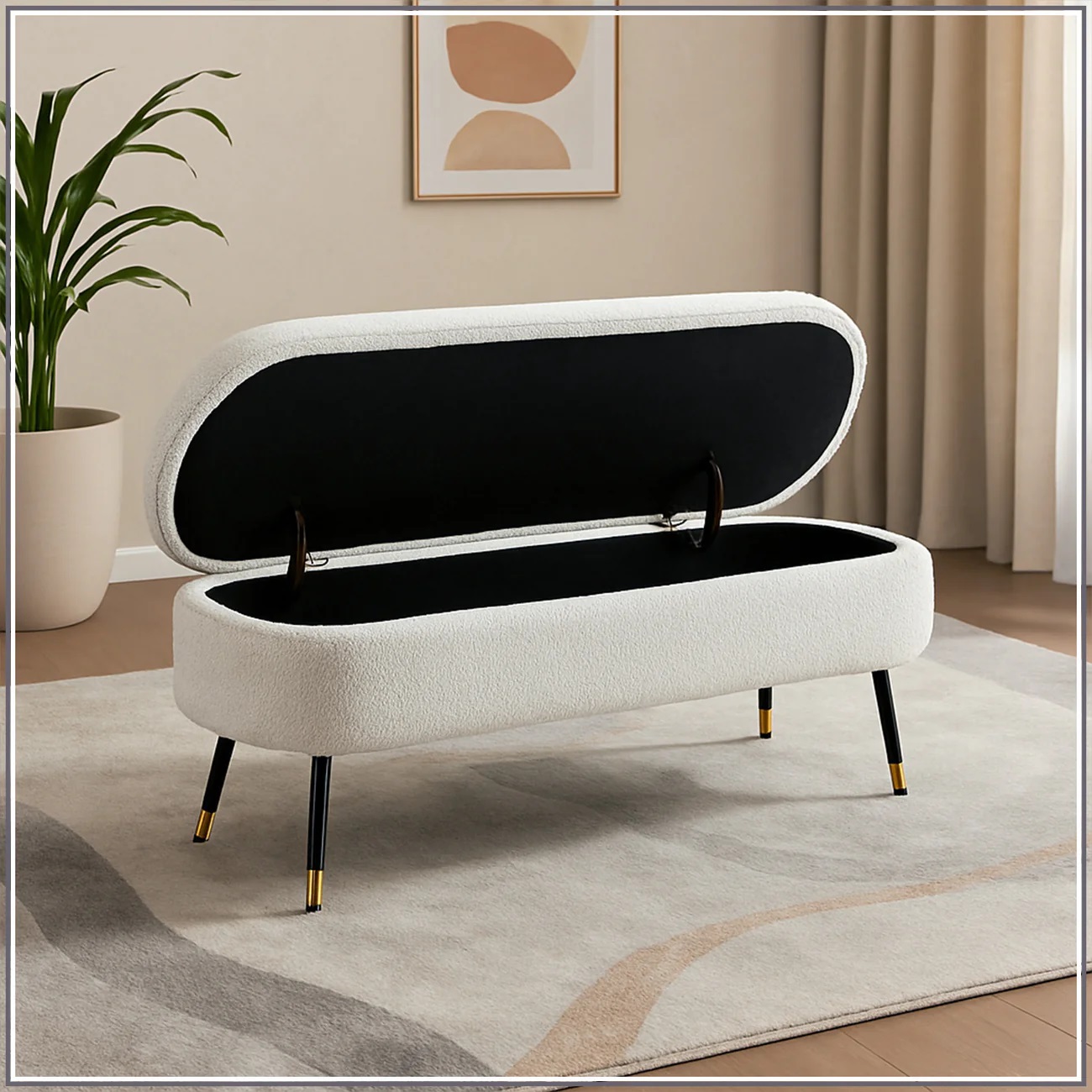 Storage Fabric Bench in Off-White Colour - Image 7