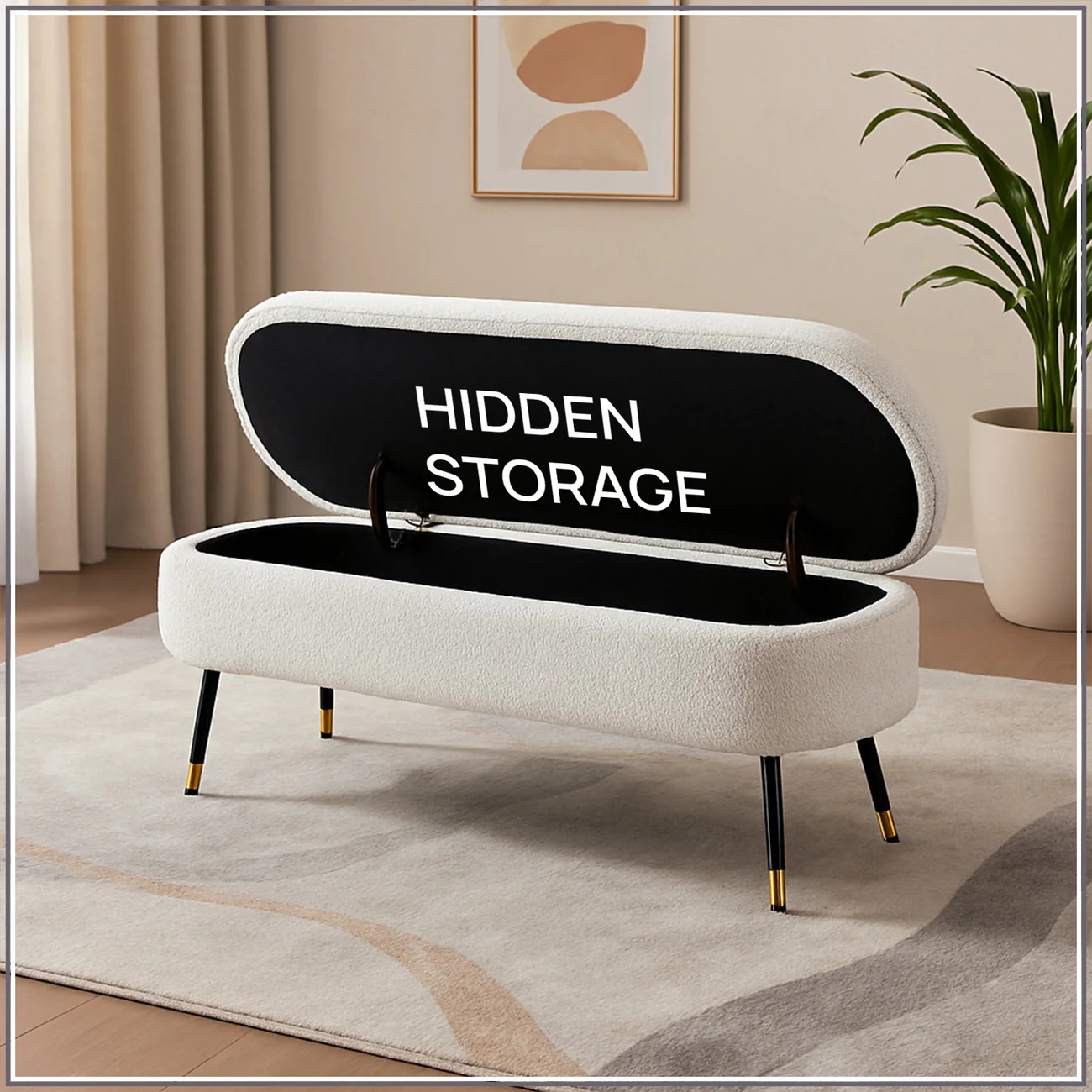 Storage Fabric Bench in Off-White Colour - Image 6