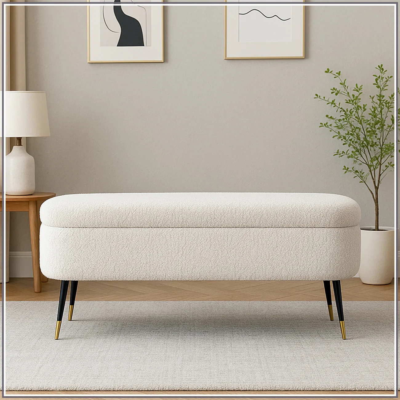 Storage Fabric Bench in Off-White Colour