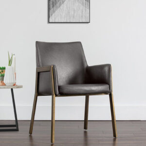 MORGAN ARM CHAIR GREY LEATHERATTE WITH BRASS ANTIQ FINISH