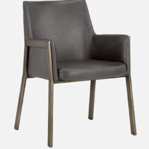 MORGAN ARM CHAIR GREY LEATHERATTE WITH BRASS ANTIQ FINISH