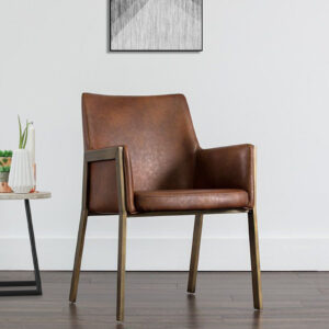 MORGAN ARM CHAIR TAN LEATHERATTE WITH BRASS ANTIQ FINISH