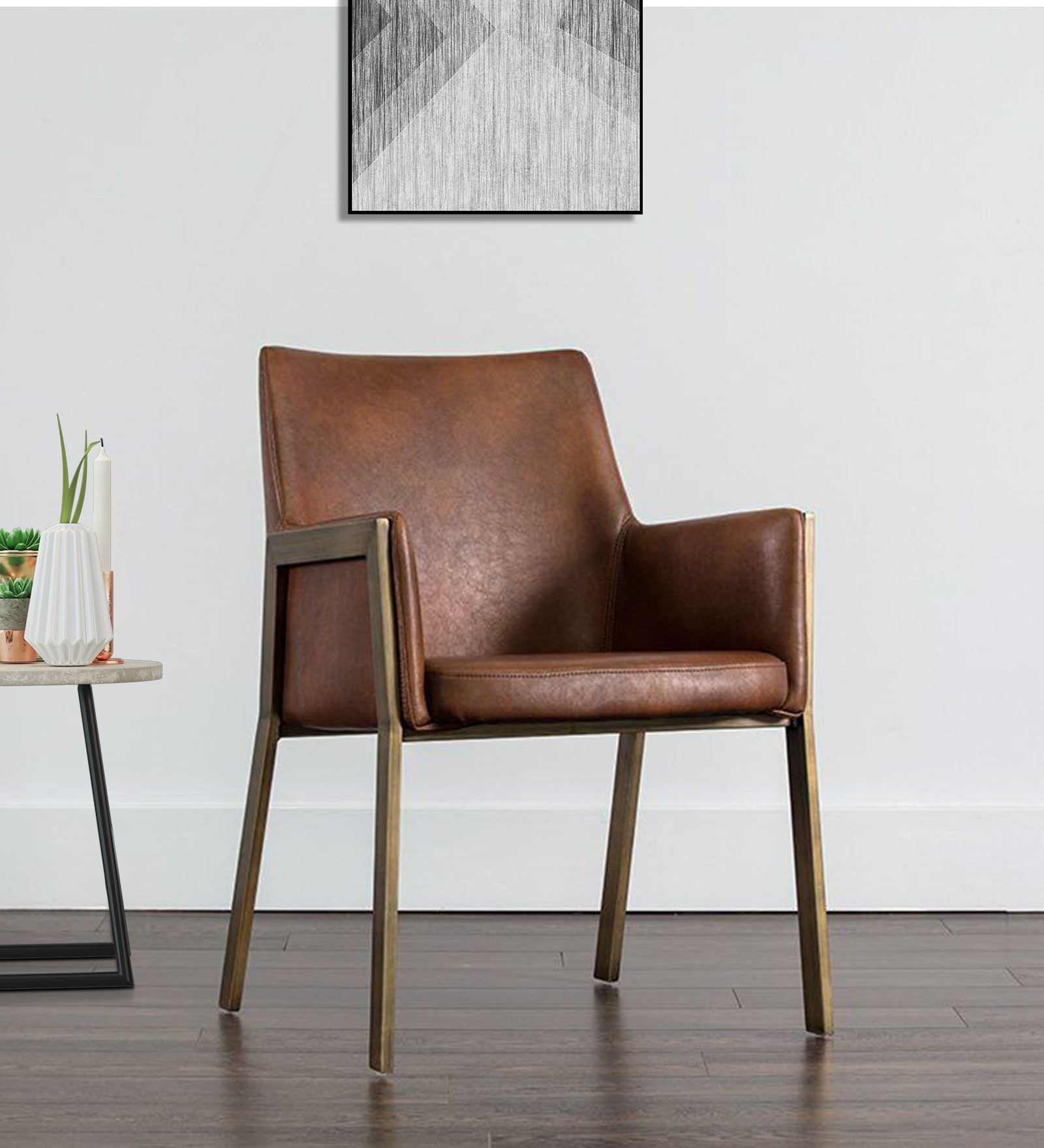 MORGAN ARM CHAIR TAN LEATHERATTE WITH BRASS ANTIQ FINISH