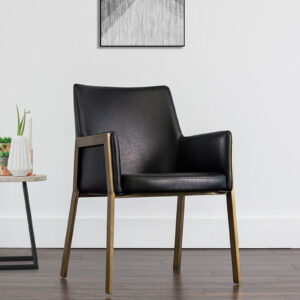 MORGAN ARM CHAIR BLACK LEATHERATTE WITH BRASS ANTIQ FINISH