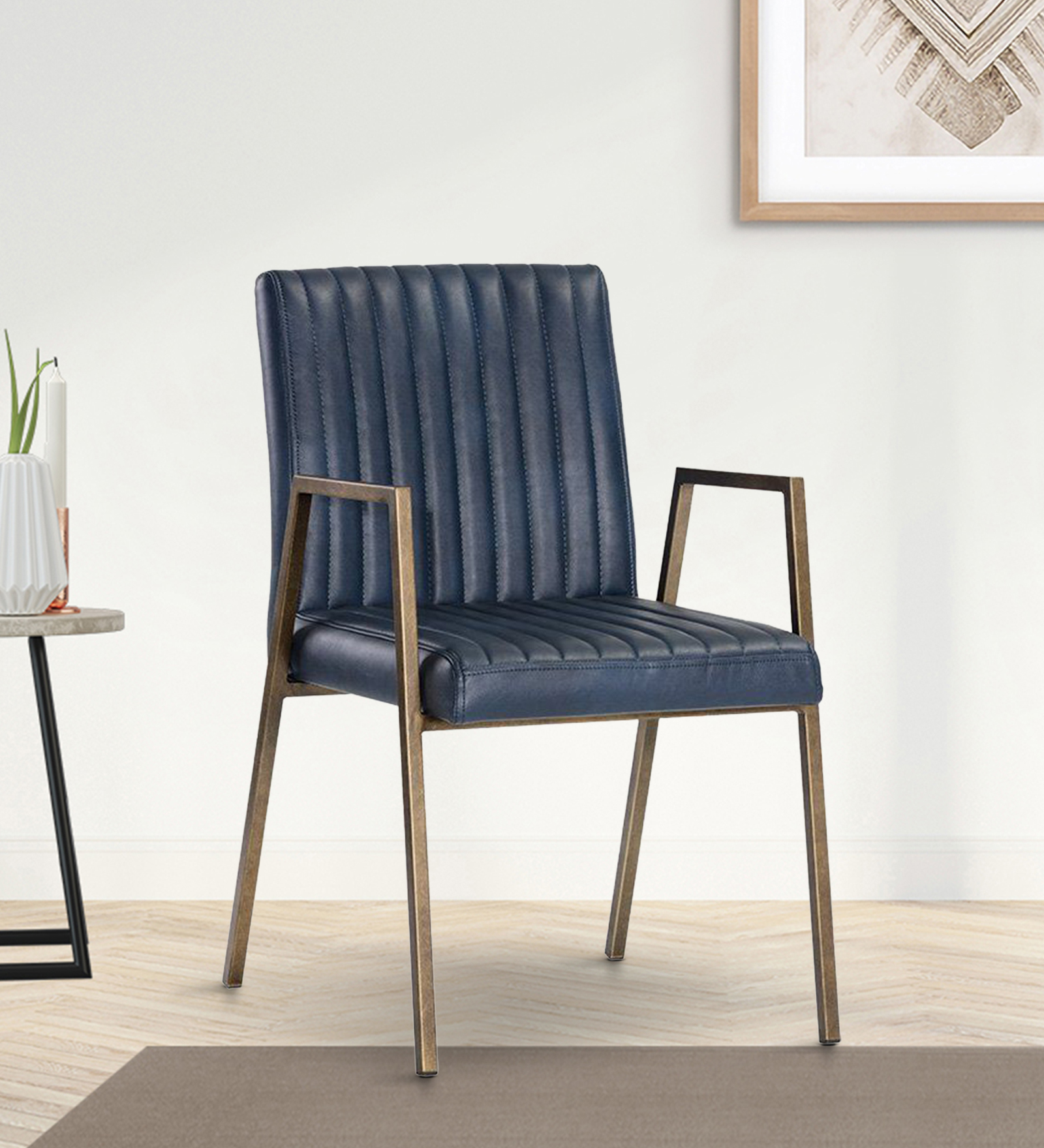 MORAAN ARM CHAIR BLUE LEATHERATTE WITH BRASS ANTIQ FINISH
