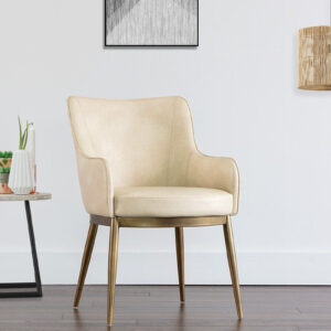 ASKO ARM  CHAIR OFF WHITE  LEATHERATTE AND BRASS ANTIQ FINISH