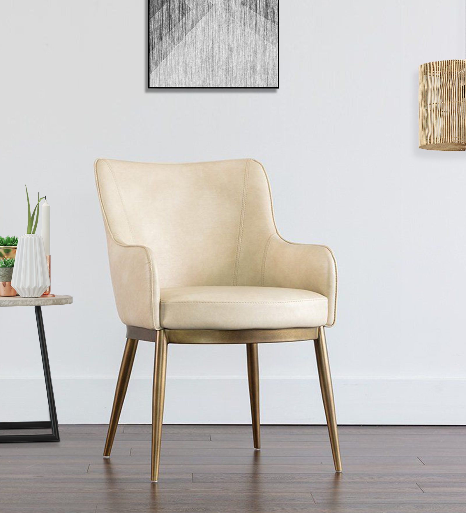 ASKO ARM CHAIR OFF WHITE LEATHERATTE AND BRASS ANTIQ FINISH