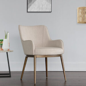 ASKO ARM  CHAIR   WITH OFF WHITE, FABRIC AND BRASS ANTIQ FINISH