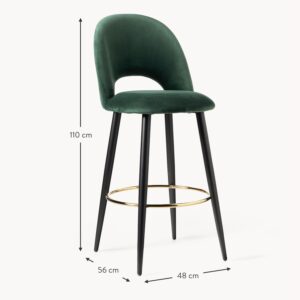 Bar chair with green cushion, black metal finish and gold footrest ring