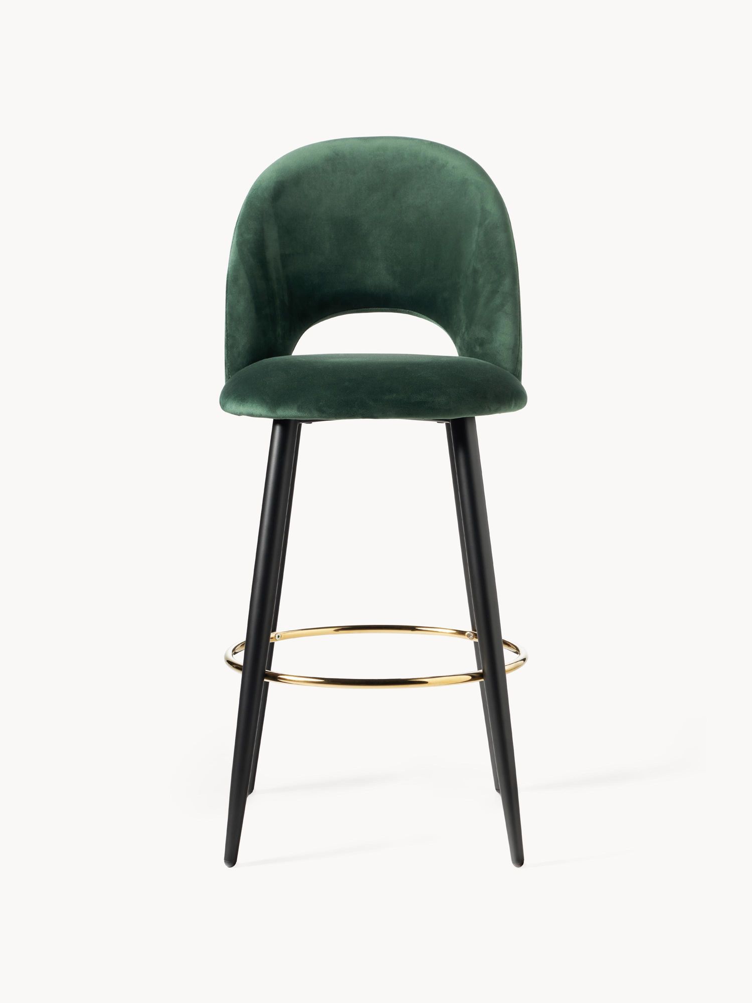 Bar chair with green cushion, black metal finish and gold footrest ring - Image 4