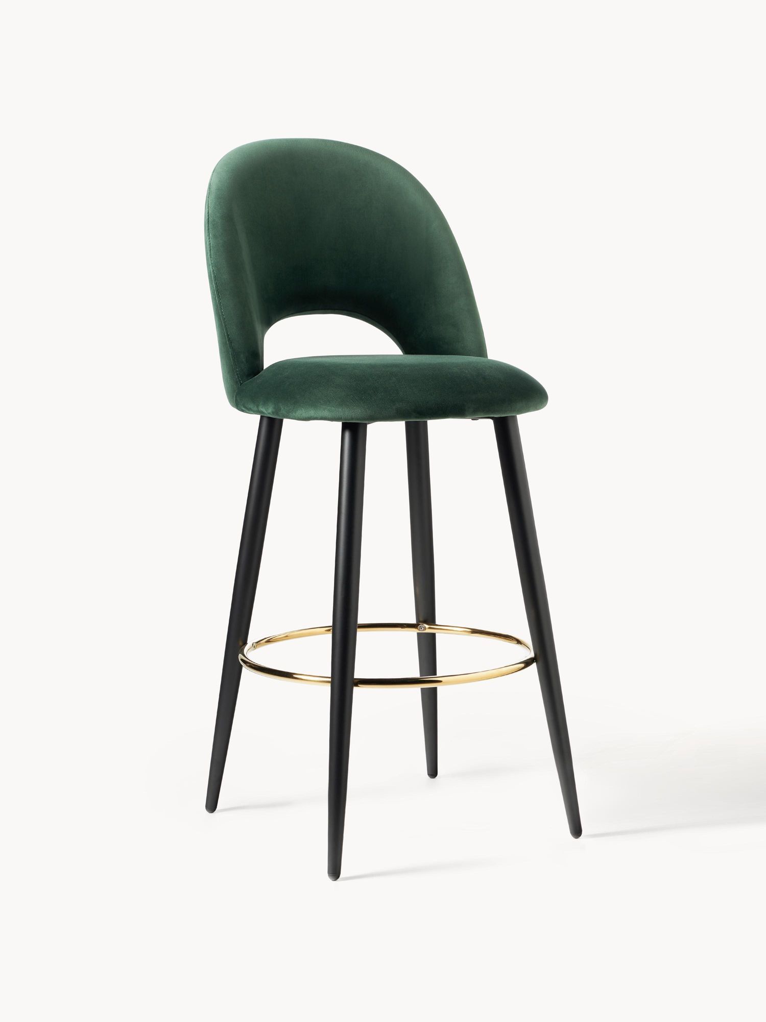 Bar chair with green cushion, black metal finish and gold footrest ring - Image 5