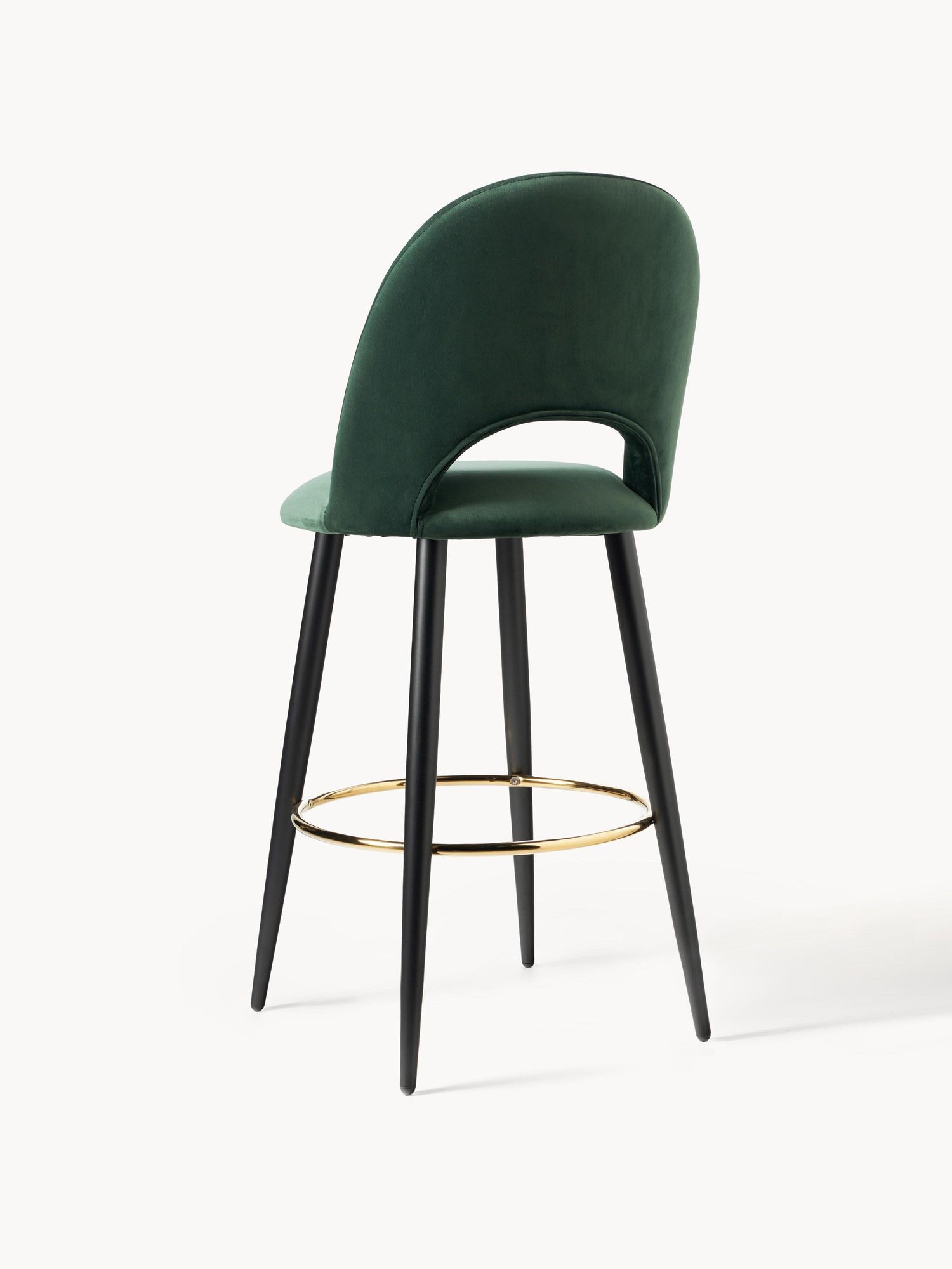 Bar chair with green cushion, black metal finish and gold footrest ring - Image 3
