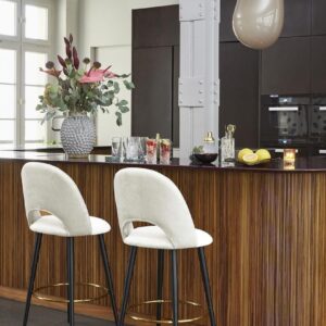 Bar chair with white cushion, black metal finish and gold footrest ring